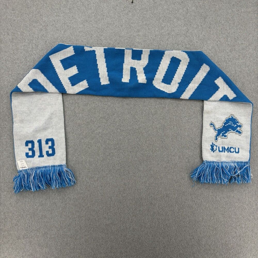 Detroit Lions NFL Knit Scarf Blue White 313 UMCU Football Fan Fringe RARE